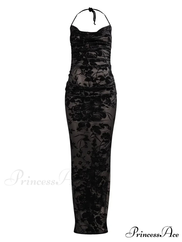 Retro Women Y2K Lace See Through Halter Lace-up Backless Summer Low Cut V-neck Vestidos Beachwear