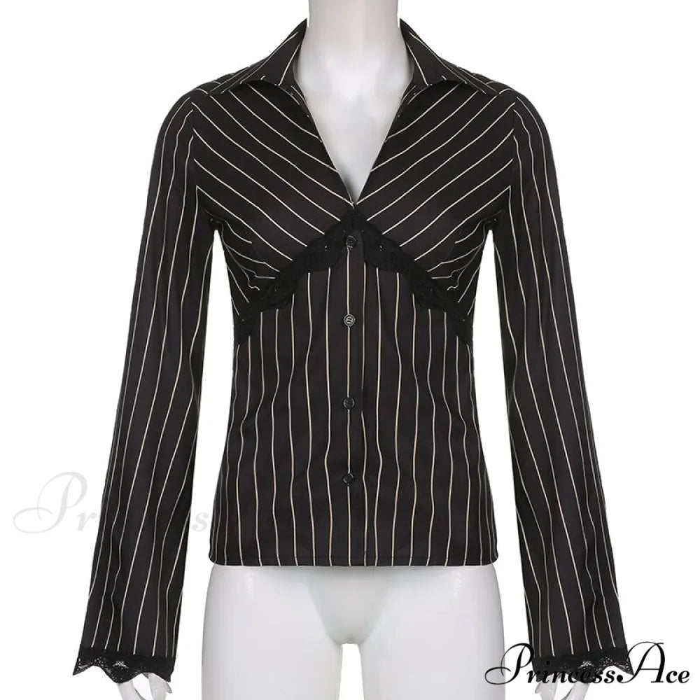Retro Y2K Lace Patchwork Tshirt Button with Up and Design