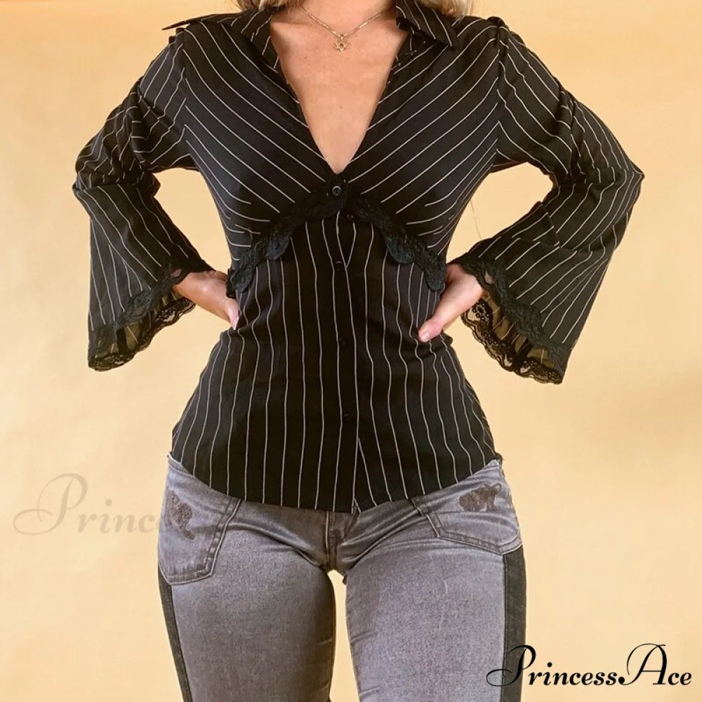 Retro Y2K Lace Patchwork Tshirt Button with Up and Design