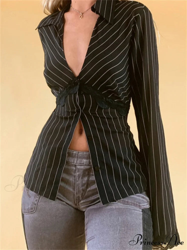 Retro Y2K Lace Patchwork Tshirt Button with Up and Design black / S