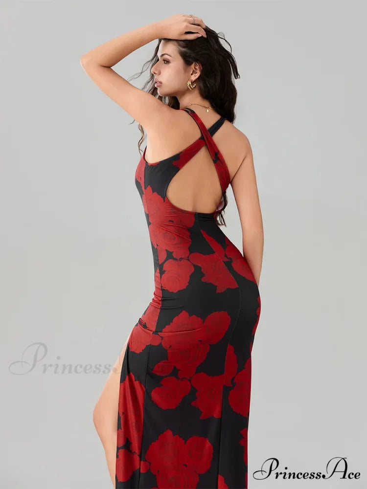 Revealing Rear High Separation Flower Pattern Body-Hugging Camisole Club Flower Dress floraldress-250126
