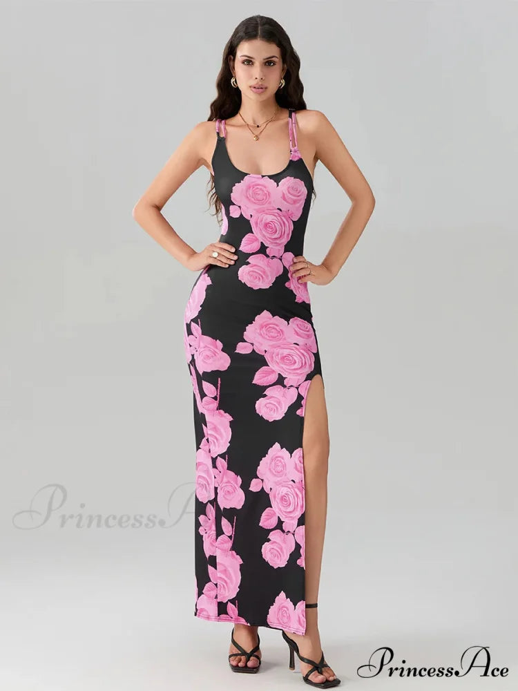 Revealing Rear High Separation Flower Pattern Body-Hugging Camisole Club Flower Dress floraldress-250126