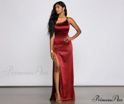 Rhiannon Elegant Satin Dress BURGUNDY / S