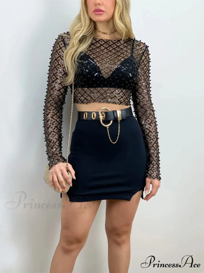 Rhinestone Beaded Y2k Slim Long Sleeve Stylish Elegant Trendy Chic Mesh Crop Top