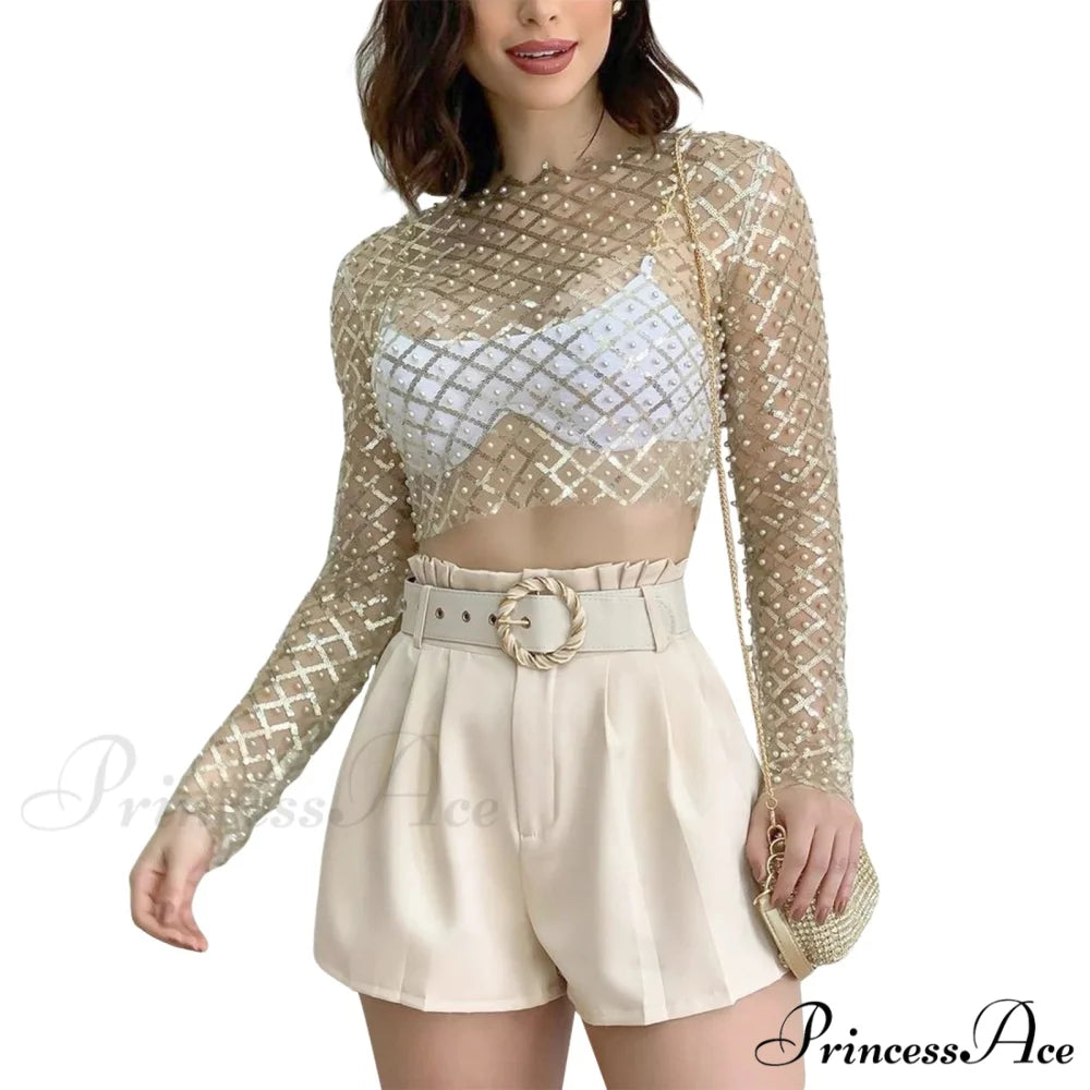 Rhinestone Beaded Y2k Slim Long Sleeve Stylish Elegant Trendy Chic Mesh Crop Top Gold / S