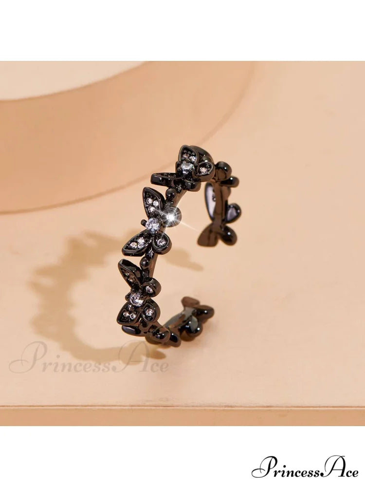 Rhinestone Butterfly Decor Cuff Ring Black / one-size
