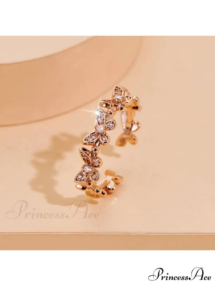 Rhinestone Butterfly Decor Cuff Ring Rose Gold / one-size