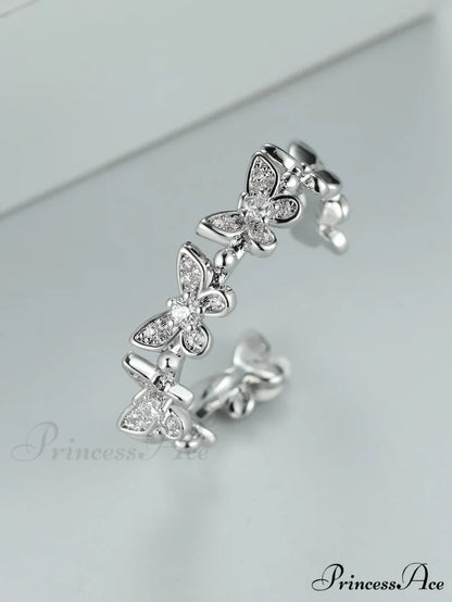 Rhinestone Butterfly Decor Cuff Ring Silver / one-size