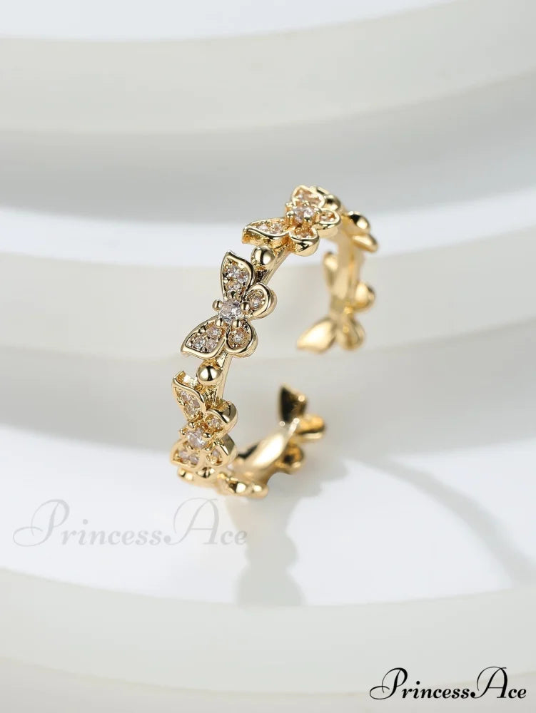 Rhinestone Butterfly Decor Cuff Ring Yellow Gold / one-size