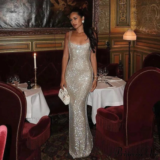 Rhinestone Chic Backless Party Dress Apricot Color / S