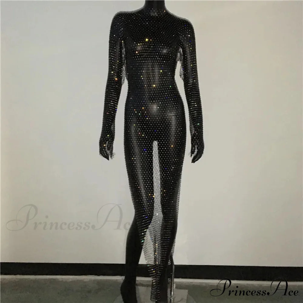 Rhinestone Fishnet Long Sleeve Party Dress Black Split / One Size