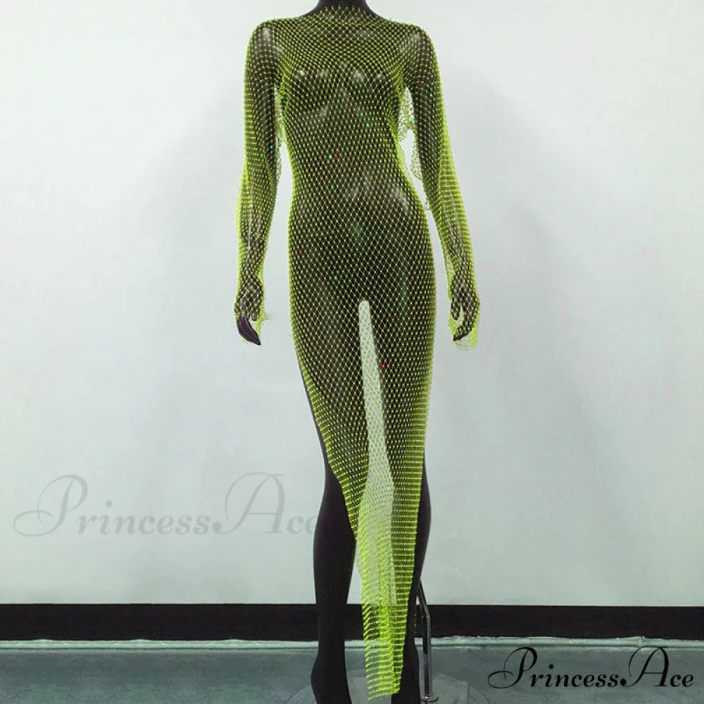 Rhinestone Fishnet Long Sleeve Party Dress Green Split / One Size