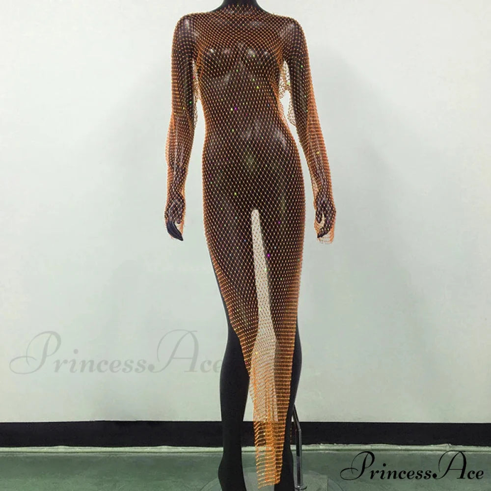 Rhinestone Fishnet Long Sleeve Party Dress Orange Split / One Size