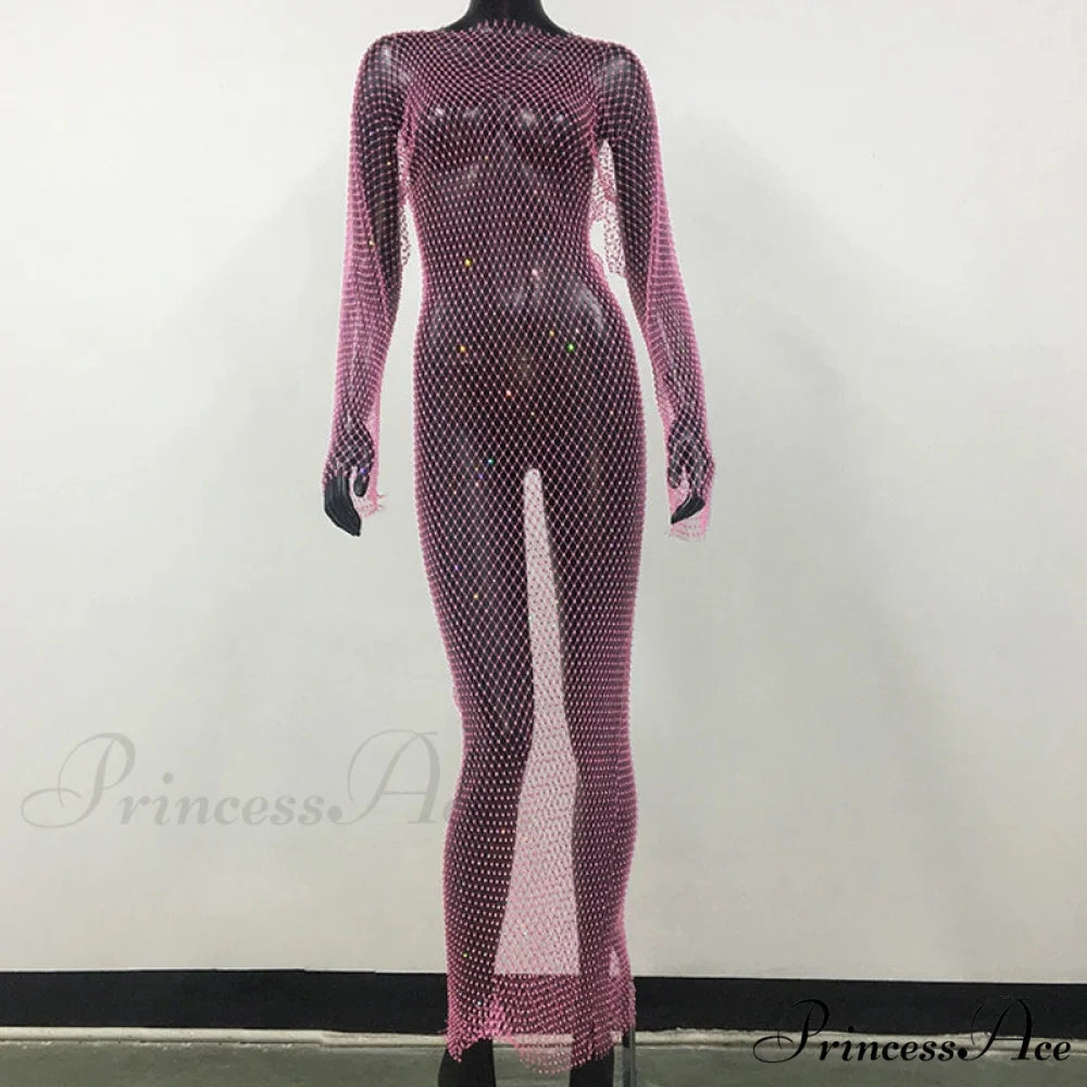 Rhinestone Fishnet Long Sleeve Party Dress Pink Normal / One Size
