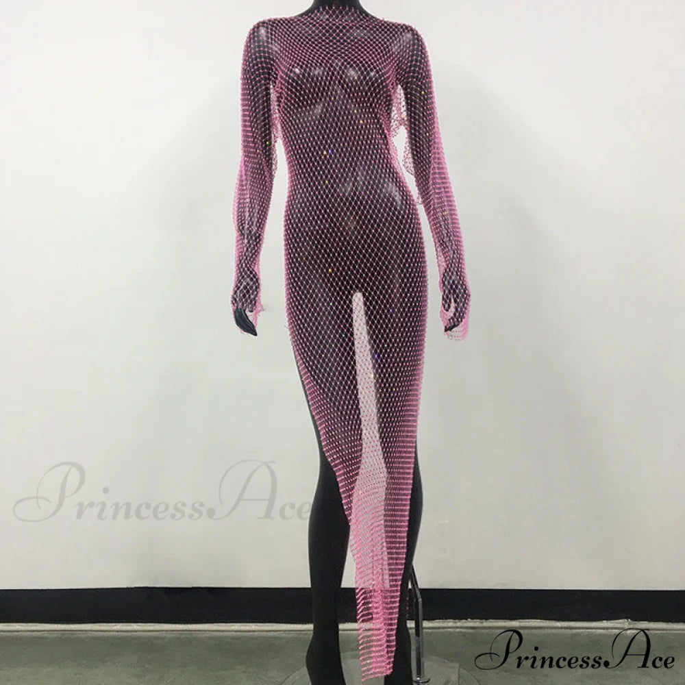 Rhinestone Fishnet Long Sleeve Party Dress Pink Split / One Size