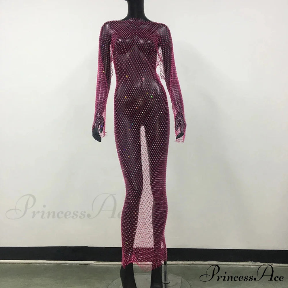 Rhinestone Fishnet Long Sleeve Party Dress Rose Red Normal / One Size