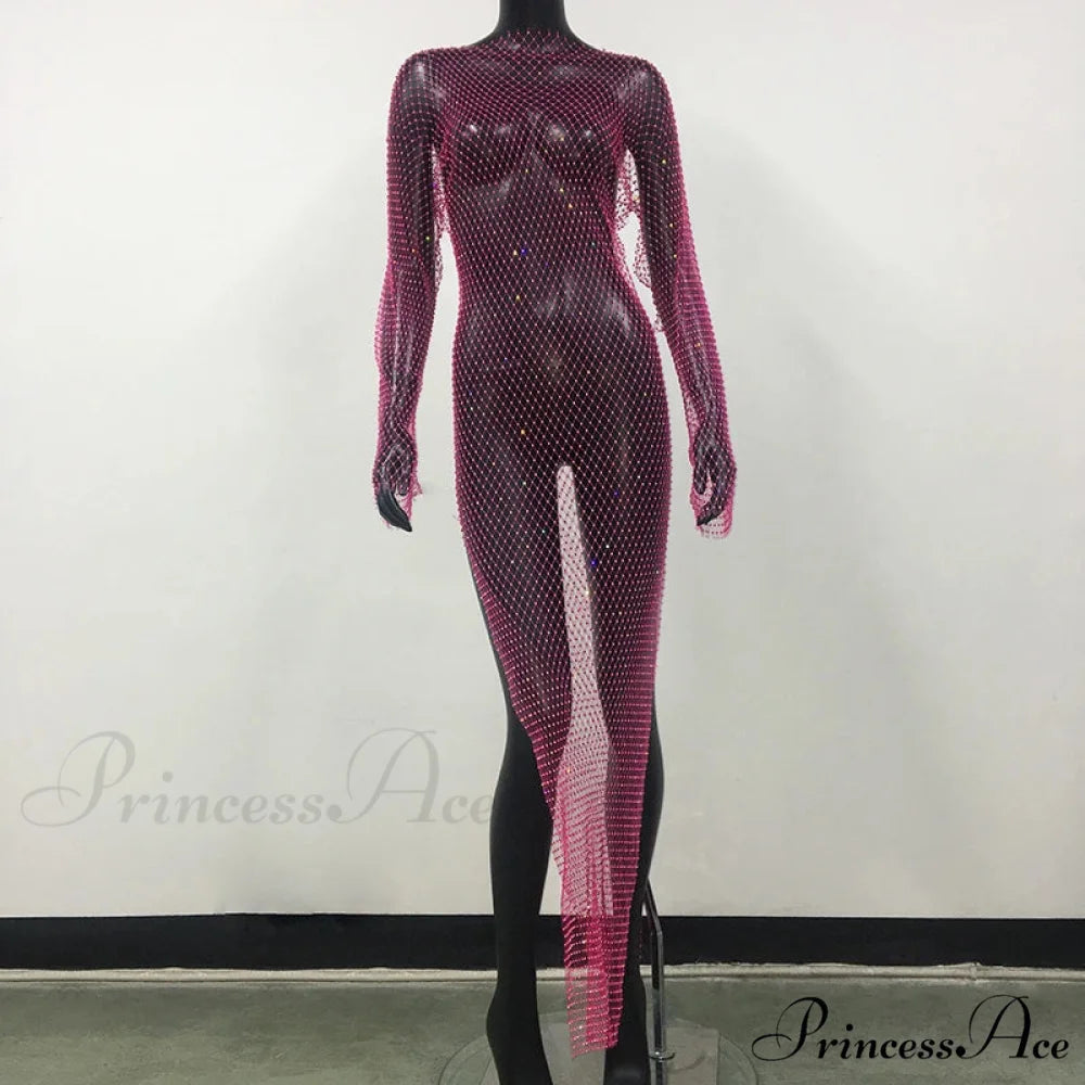 Rhinestone Fishnet Long Sleeve Party Dress Rose Red Split / One Size