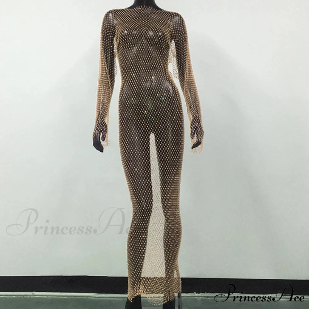 Rhinestone Fishnet Long Sleeve Party Dress Skin Color Normal / One Size