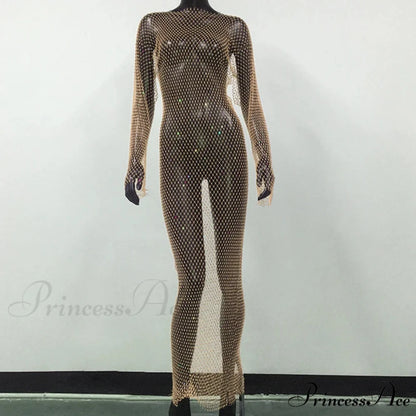 Rhinestone Fishnet Long Sleeve Party Dress Skin Color Normal / One Size