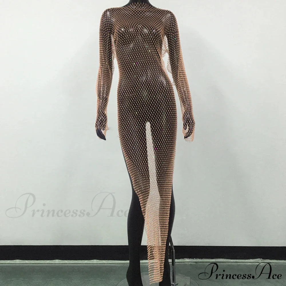 Rhinestone Fishnet Long Sleeve Party Dress Skin Color Split / One Size
