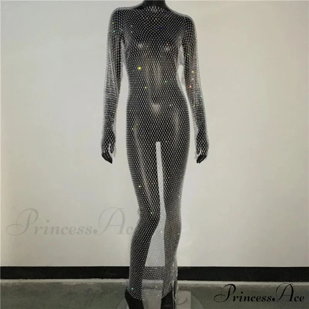 Rhinestone Fishnet Long Sleeve Party Dress White Normal / One Size