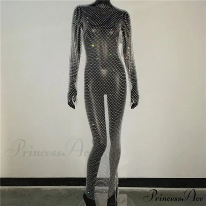 Rhinestone Fishnet Long Sleeve Party Dress White Normal / One Size