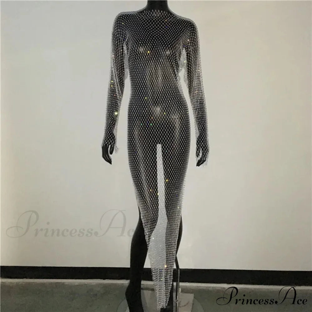 Rhinestone Fishnet Long Sleeve Party Dress White Split / One Size