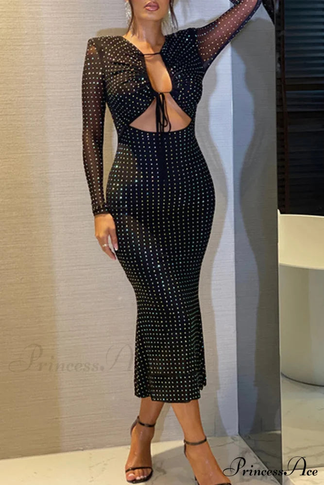 Rhinestone Mesh Cutout Dress Black / S