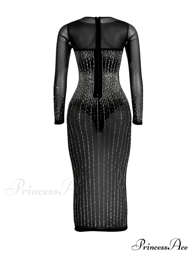Rhinestone Mesh Long Sleeve Bodycon Dress for Parties