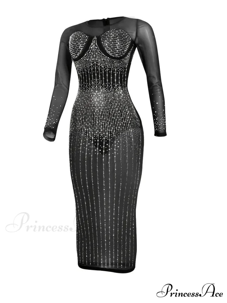 Rhinestone Mesh Long Sleeve Bodycon Dress for Parties