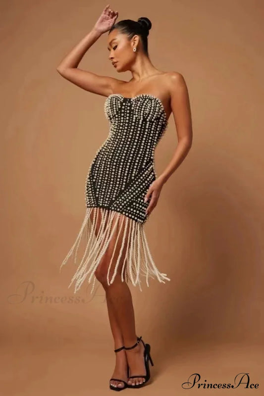 Rhinestone Pearl Bodysuit Party Outfit Black / XS