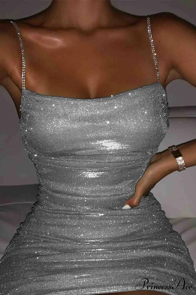 Rhinestone Ruched Chain Cami Dress Silver / M