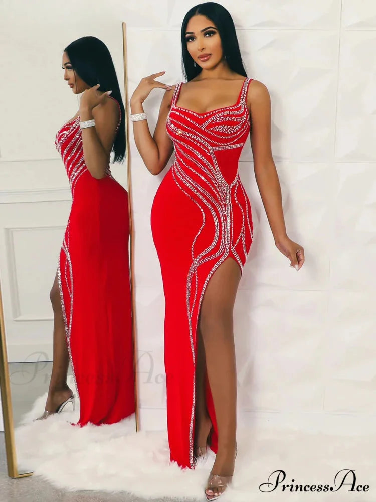 Rhinestone Slit Maxi Party Dress Red / S