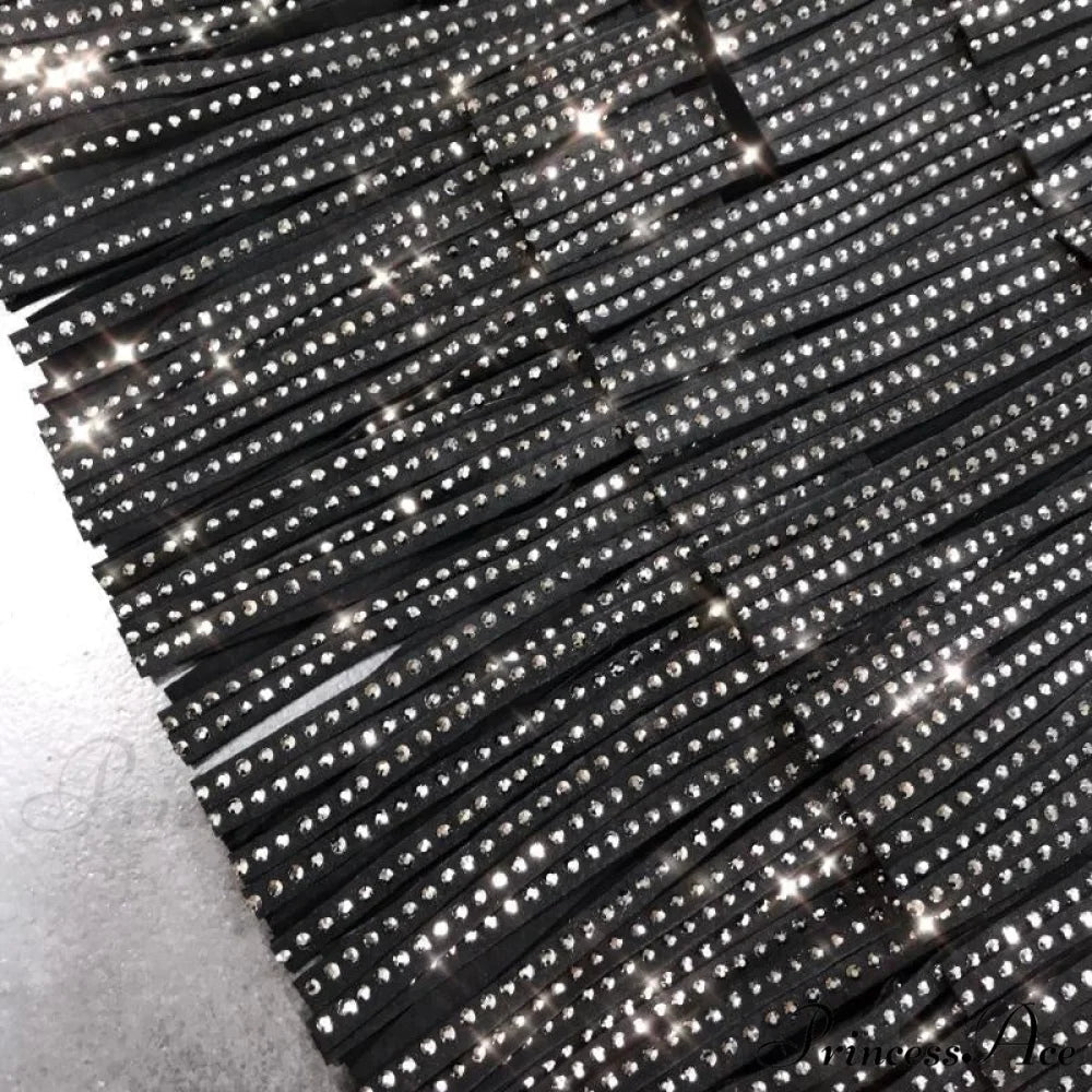 Rhinestones Tassel High Waist Belt Skirt