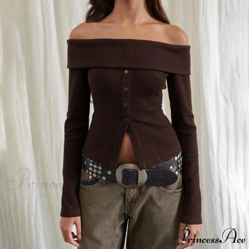 Rib Knitted Informal Extended Sleeve Off-Shoulder Trim Fit Shirt Women Dark Brown / S knittop-250126