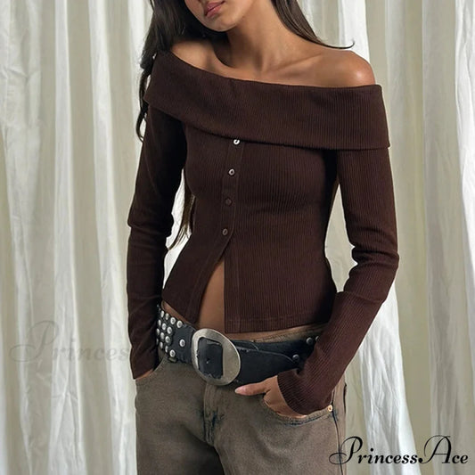 Rib Knitted Informal Extended Sleeve Off-Shoulder Trim Fit Shirt Women knittop-250126
