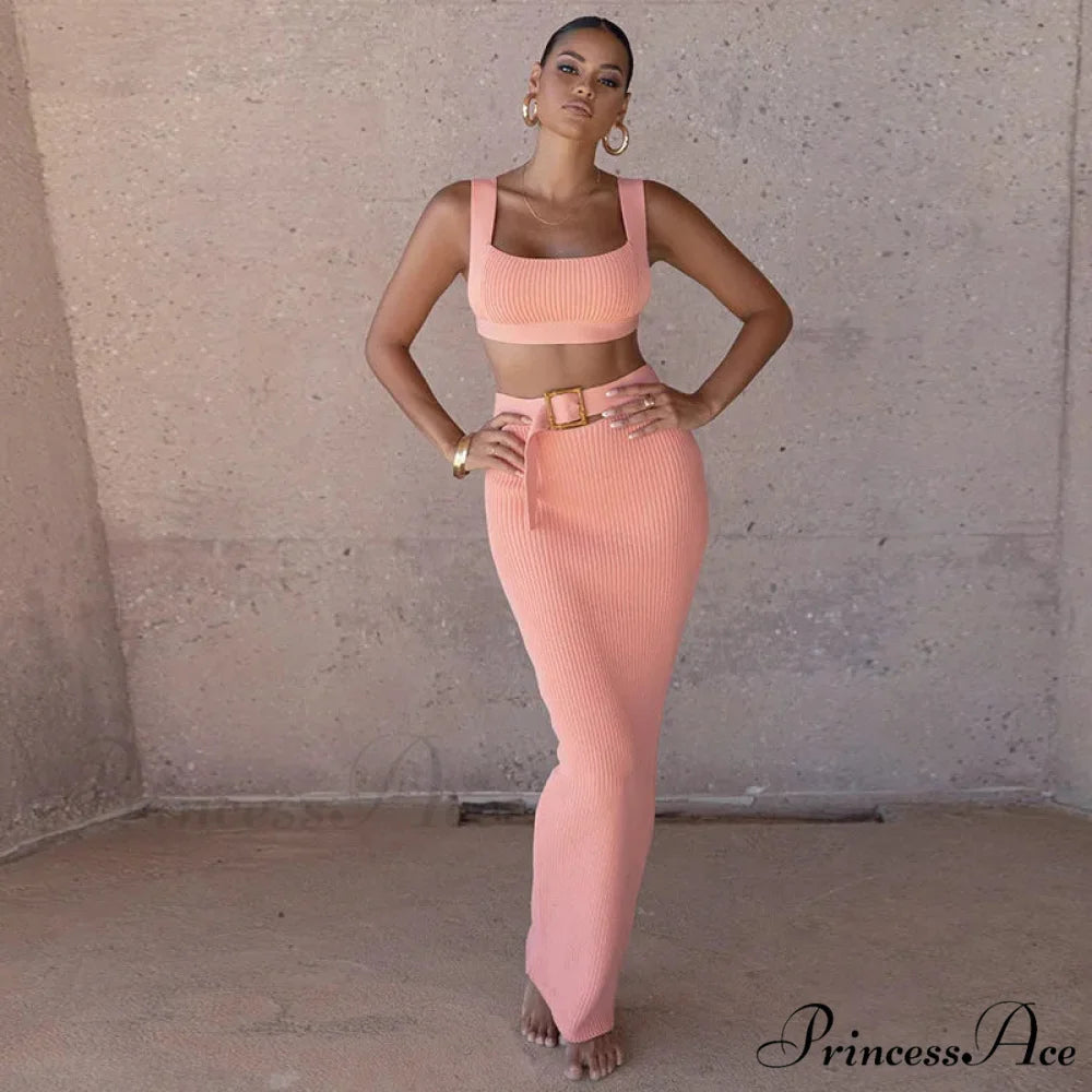 Ribbed Backless Crop Top Maxi Dress PINK / S
