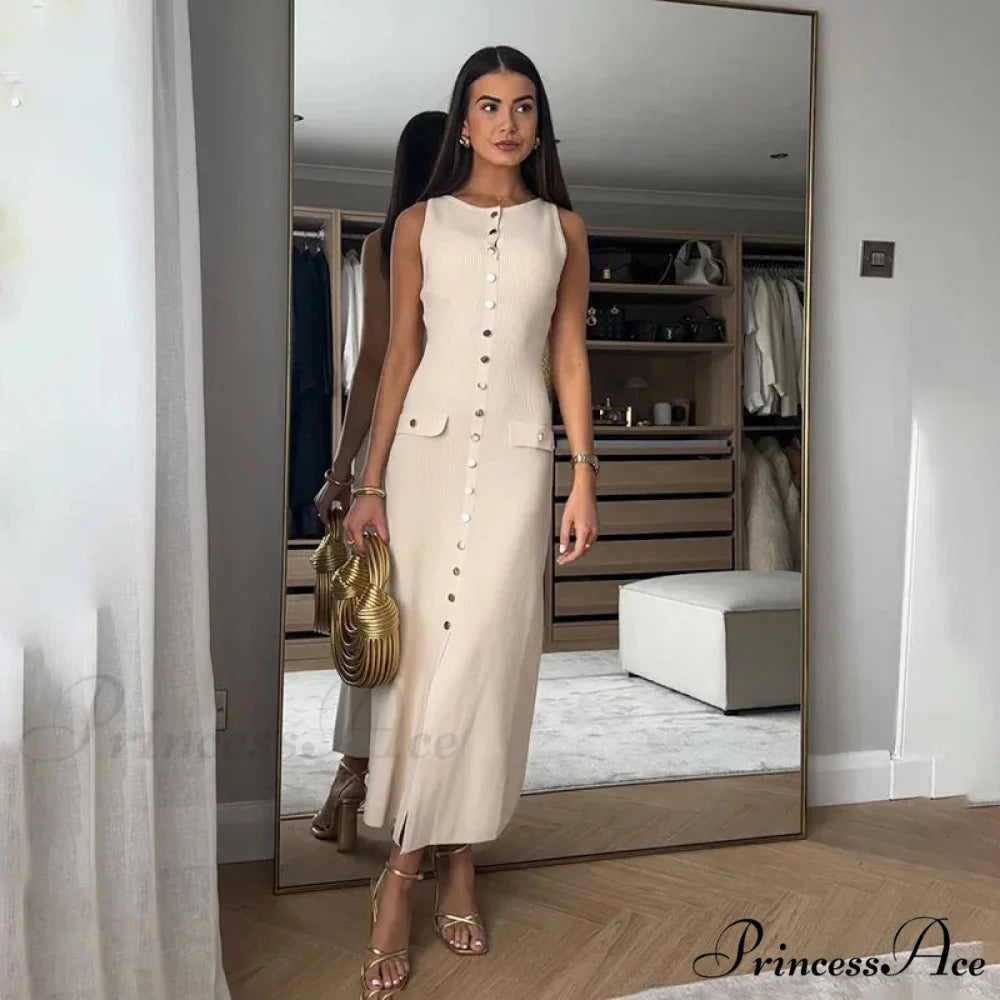 Ribbed Buttoned Stylish Midi Dress