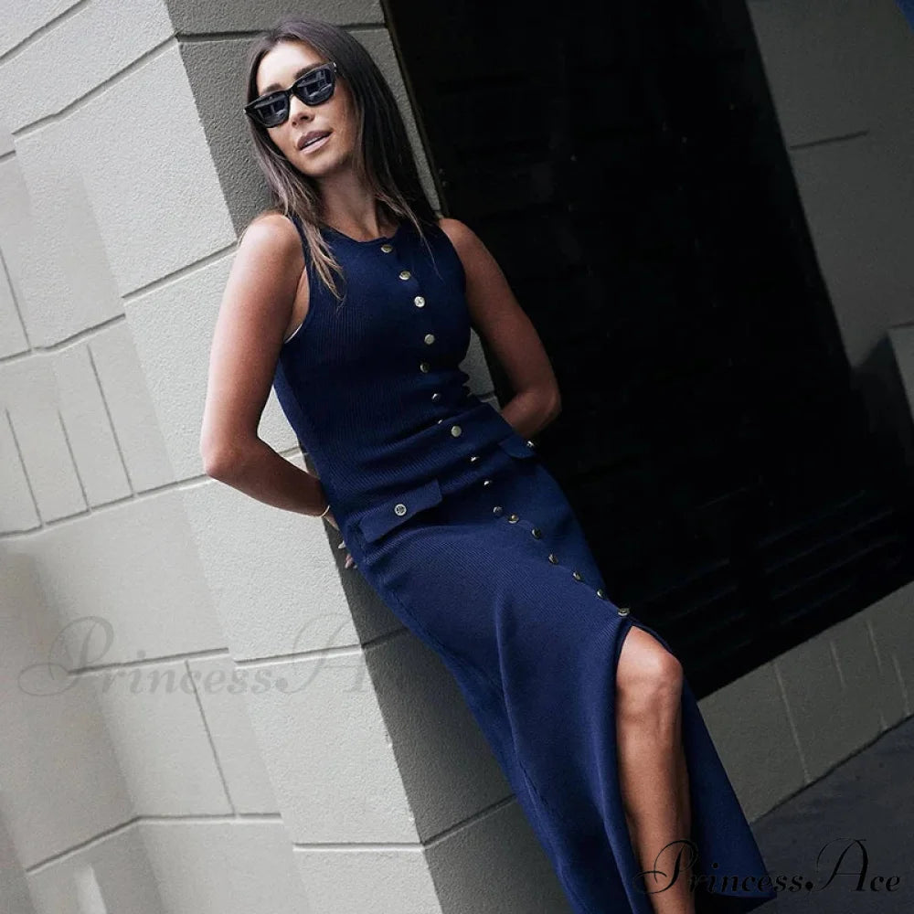 Ribbed Buttoned Stylish Midi Dress