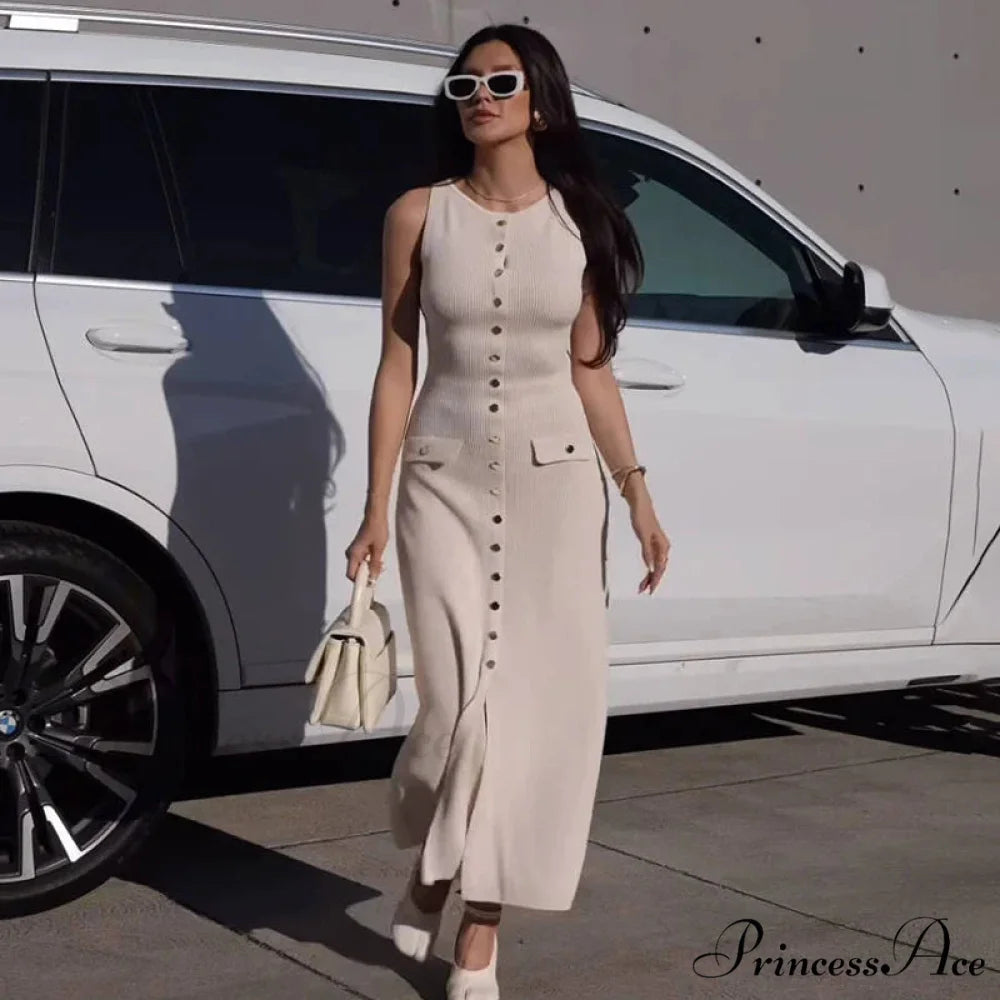 Ribbed Buttoned Stylish Midi Dress Apricot / L
