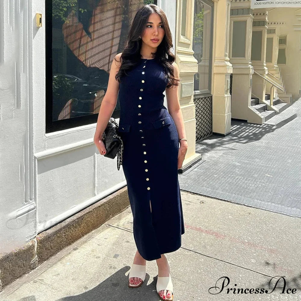 Ribbed Buttoned Stylish Midi Dress Blue / L