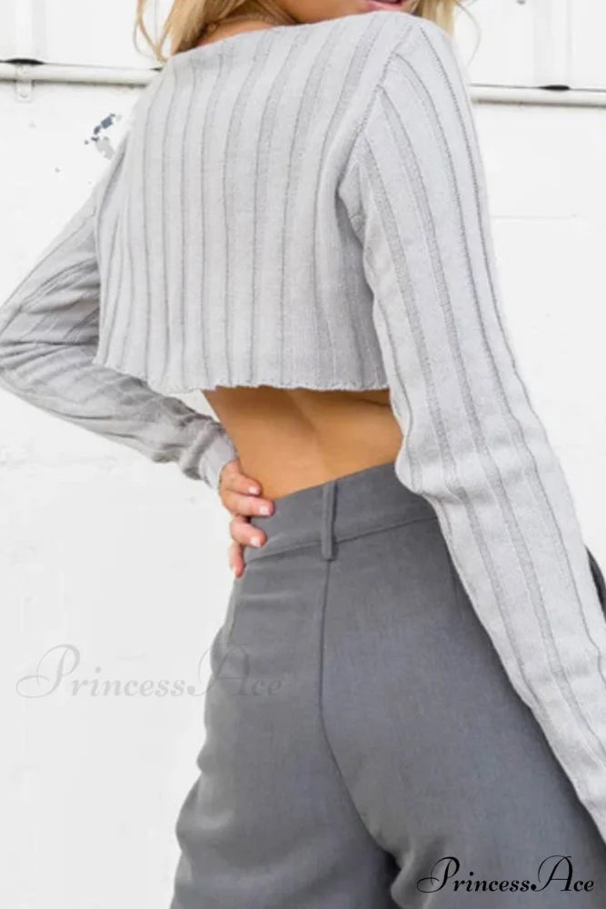 Ribbed Cropped Neck Crew Sweater Grey / L