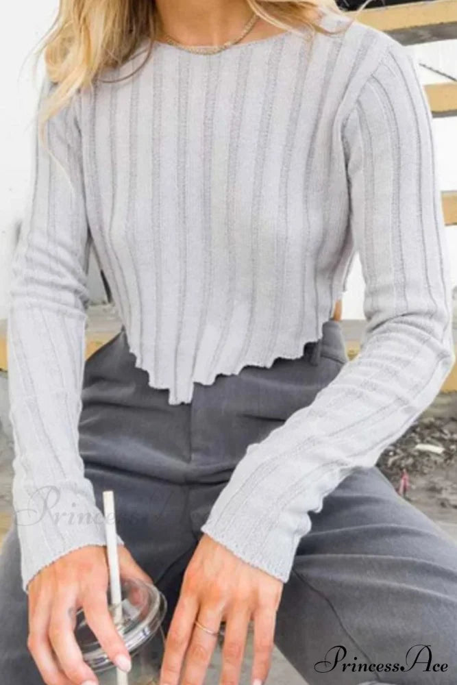Ribbed Cropped Neck Crew Sweater Grey / S