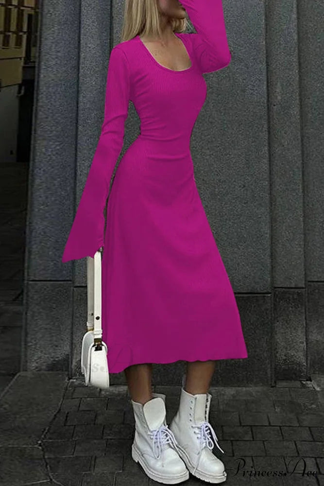 Ribbed Flares Sleeve Dress with Tie-back