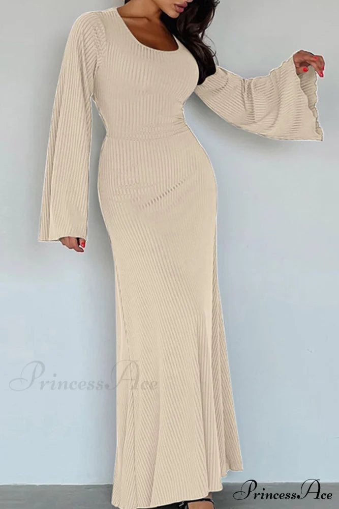 Ribbed Flares Sleeve Dress with Tie-back Beige / M