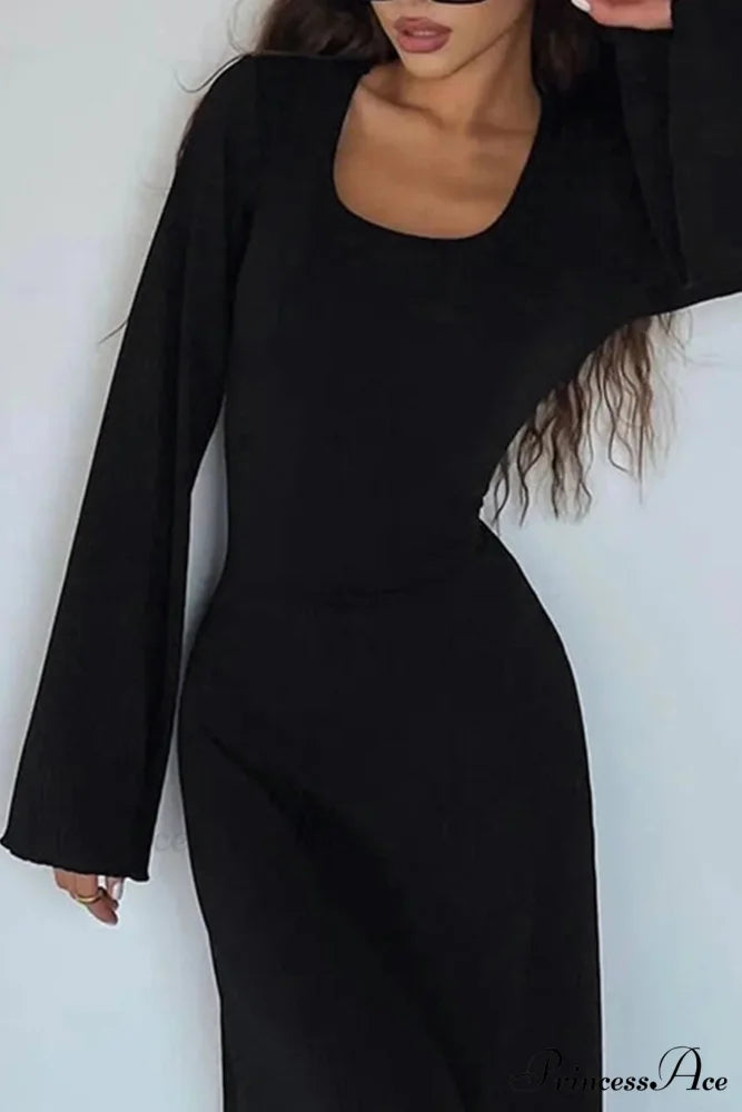 Ribbed Flares Sleeve Dress with Tie-back Black / L