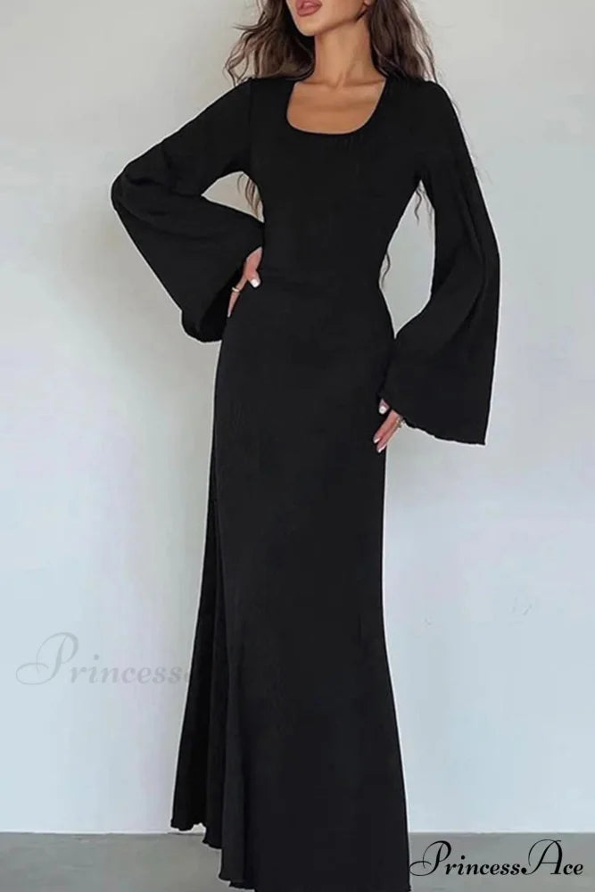 Ribbed Flares Sleeve Dress with Tie-back Black / S