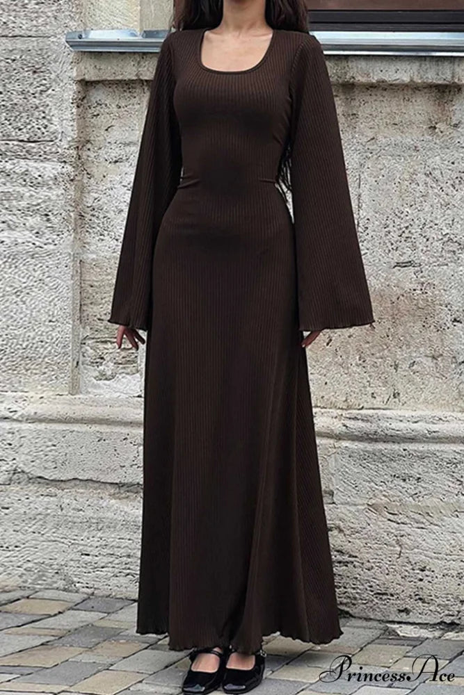 Ribbed Flares Sleeve Dress with Tie-back Brown / M