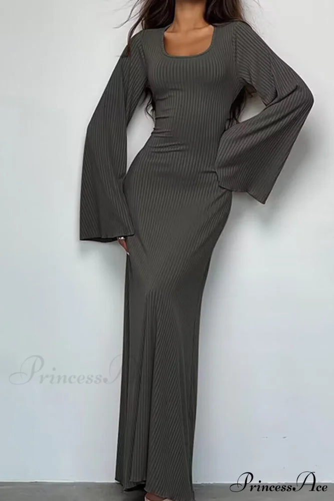 Ribbed Flares Sleeve Dress with Tie-back Grey / L