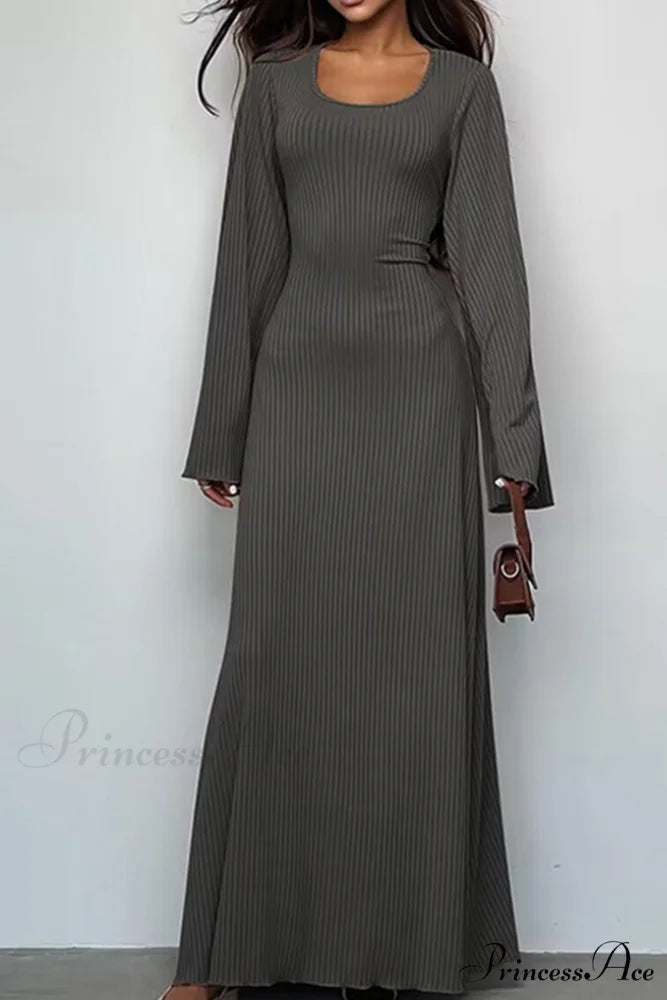 Ribbed Flares Sleeve Dress with Tie-back Grey / S
